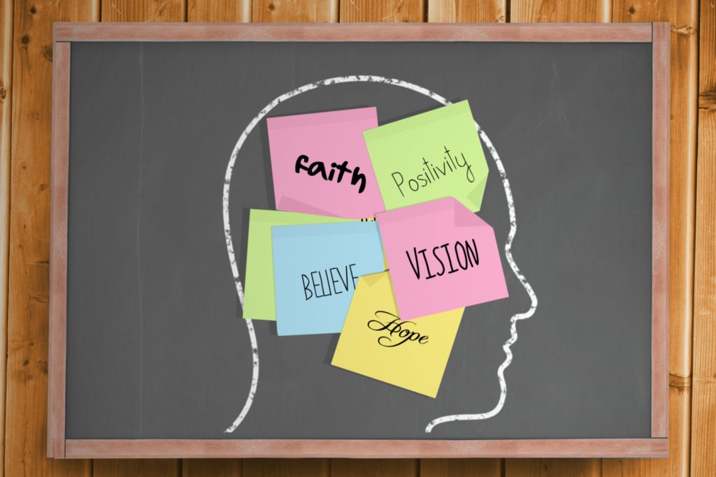 Digitally generated Chalk head with positive post it notes - Yates Total Health Growth mindset coach Brisbane